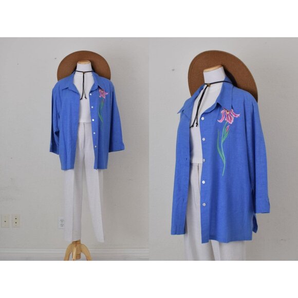 Plus Size Vintage‎ 90s Linen/Rayon Embroidered Button Blouse size 2X - Picture 1 of 10